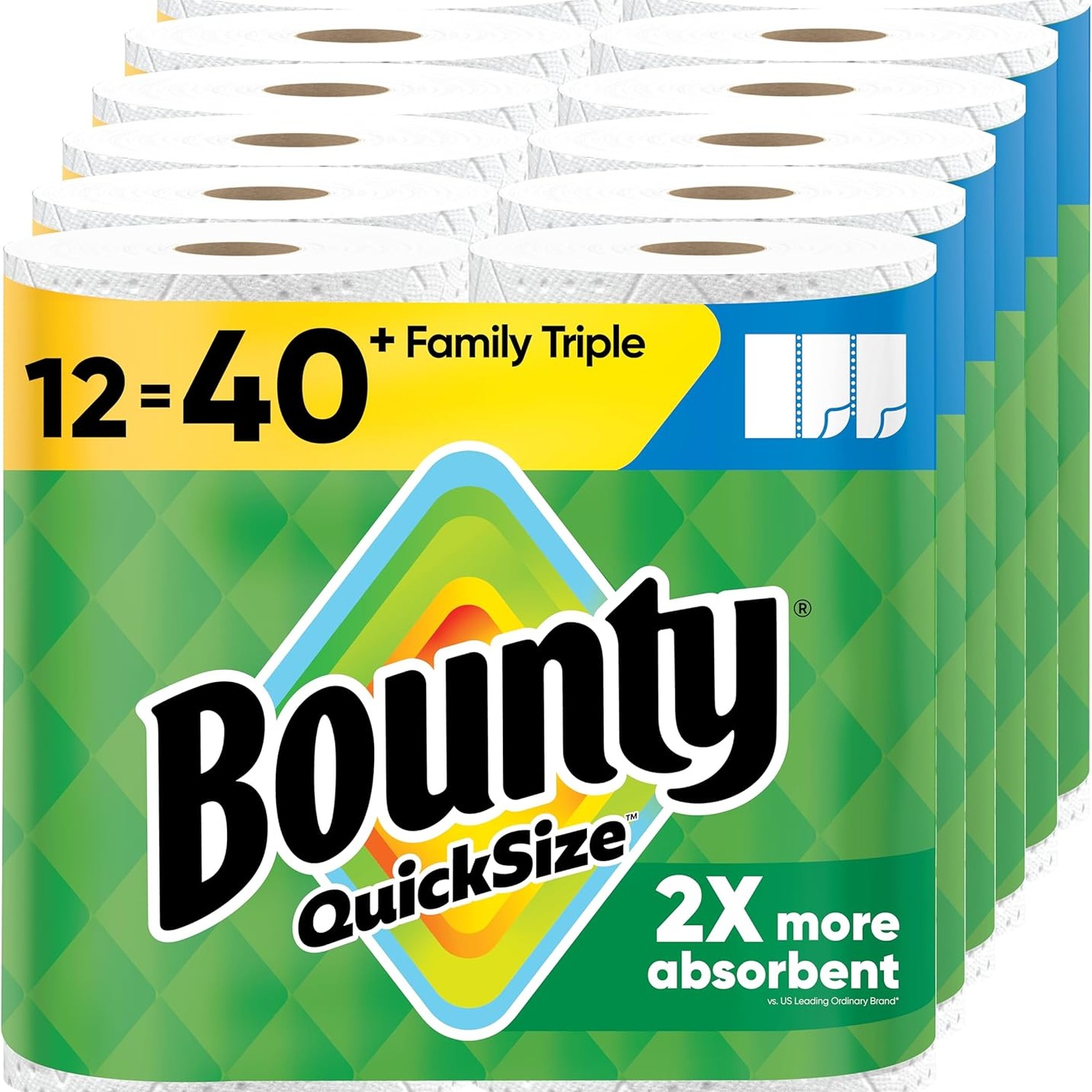 Bounty Quick-Size Paper Towels, White, 12 Family Triple Rolls = 40 Regular Rolls, 2X More Absorbent